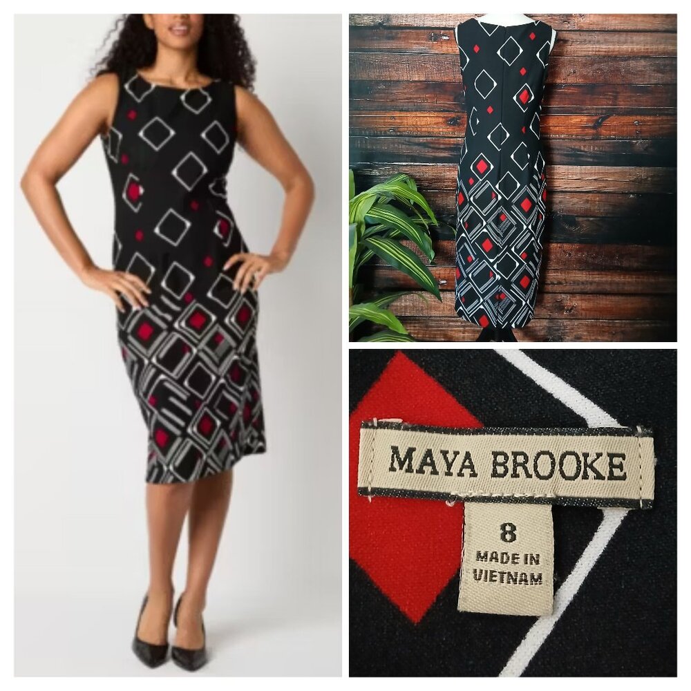 Maya Brooke Dress 8 Pencil Sheath Black Red Diamond Stretch Zip Back